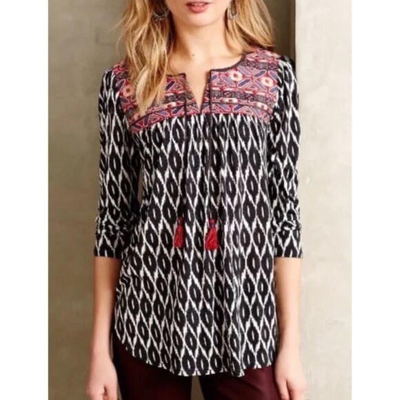 Anthropologie Palamba Ikat Embroidered Top Blouse Women's Large Boho Comfy GUC - Picture 1 of 9